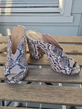 Abound Pink Snake-Print Peep Toe Block Heel Mules - Size 7